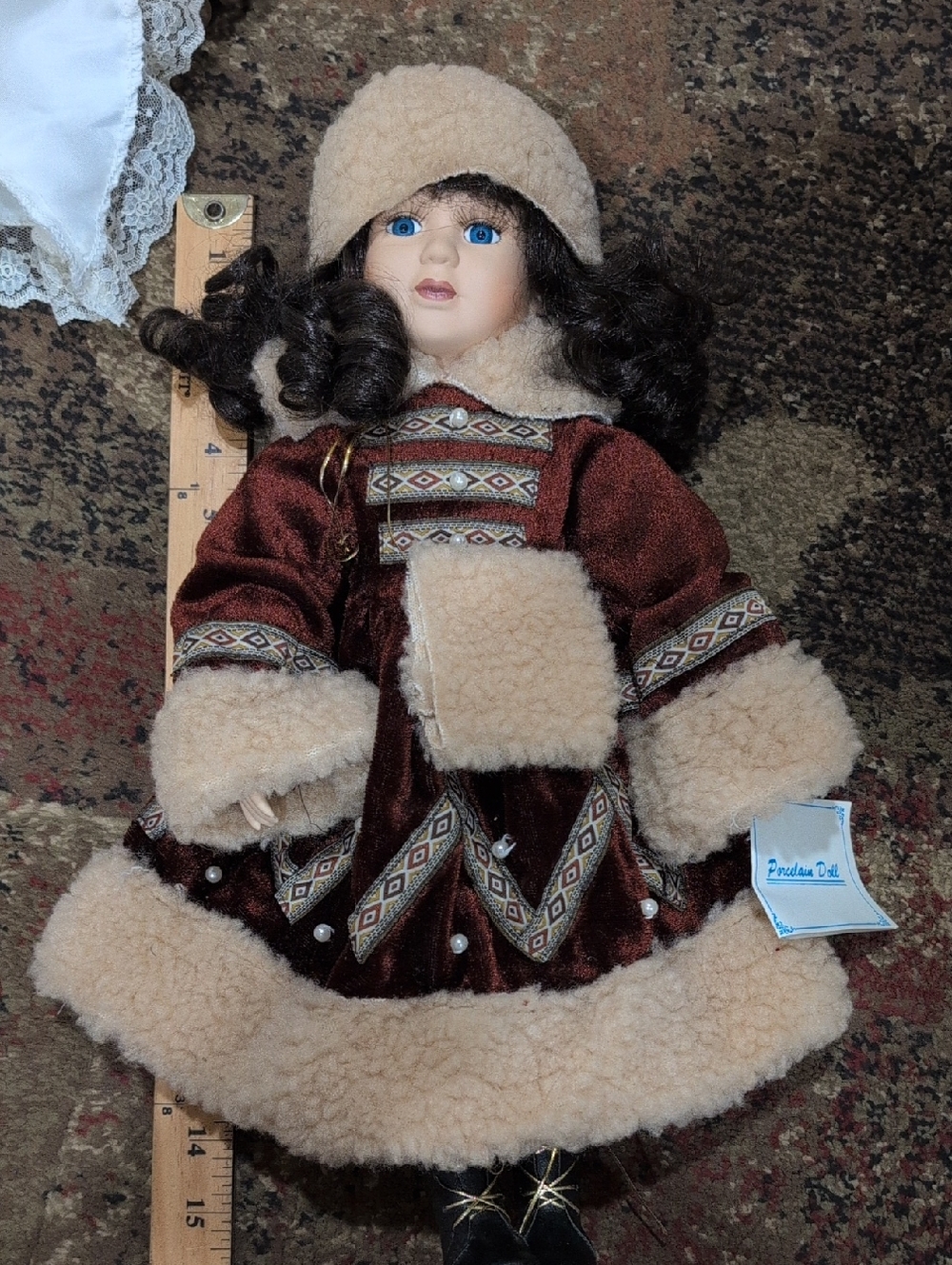 Porcelain Doll in Brown and Cream Winter Outfit